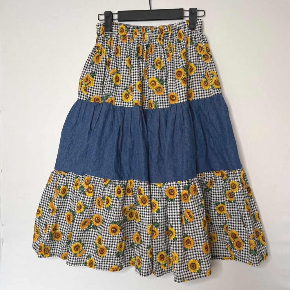Handmade Upcycled Denim Tiered Midi Skirt Sunflower Gingham Prairie Boho OS